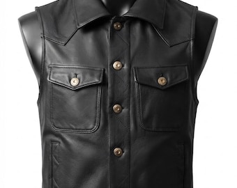 Men's Genuine Cowhide Leather Vest Black Sleeveless Biker Motorcycle Trucker Jacket