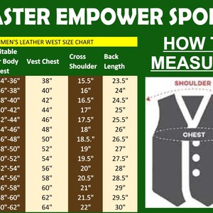 May include: Image of a size chart for men's leather vests, with measurements in inches. The chart includes sizes from XXS to 9XL, detailing body chest, vest chest, cross shoulder, and back length measurements. A diagram illustrates how to measure.