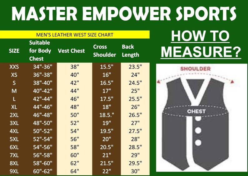 May include: Image of a size chart for men's leather vests, with measurements in inches. The chart includes sizes from XXS to 9XL, detailing body chest, vest chest, cross shoulder, and back length measurements. A diagram illustrates how to measure.