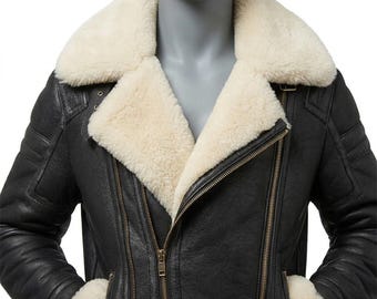 Men's RAF B3 Aviator Shearling Leather Jacket Black Fur Bomber Winter Coat