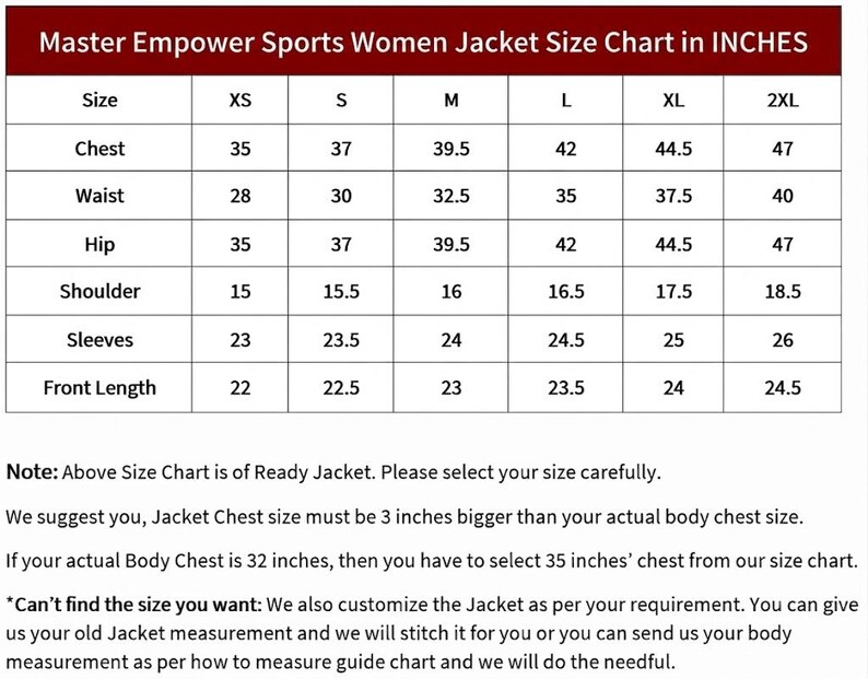 Puede incluir: Una tabla de tallas para una chaqueta Master Empower Sports con medidas en pulgadas para tallas de XS a 2XL, incluyendo pecho, cintura, cadera, hombros, mangas y largo frontal, junto con texto adicional sobre la gu&iacute;a para elegir la talla.