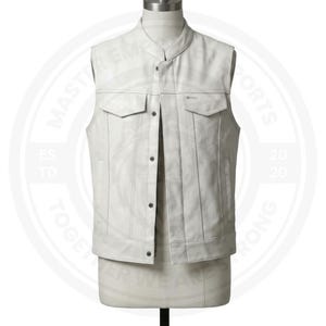 May include: A white leather vest with a mandarin collar, two chest pockets, and a button-up front. The vest is displayed on a mannequin. The vest has vertical stitching details and a slightly textured appearance.