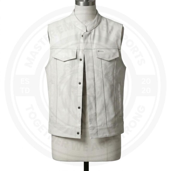 Men's White Real Cowhide Leather Vest Biker Motorcycle Club Sleeveless Waistcoat