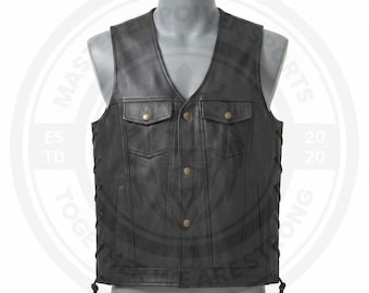 Men’s Black Cowhide Leather Biker Vest Adjustable Side Lace Motorcycle Club Vest