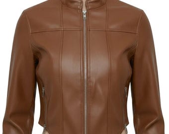 Women's Brown Cropped Leather Biker Jacket Slim Fit Moto Zip Up Motorcycle Coat
