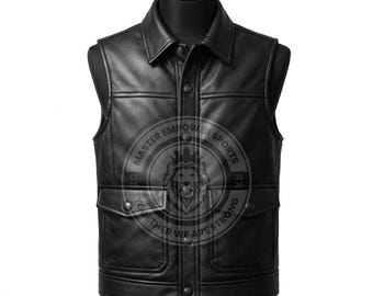 May include: A black leather vest featuring a collared neckline, a front button closure, and two large flap pockets. A circular logo is centered on the front, displaying a lion head and the text MASTER EMPOWER SPORTS TOGETHER WE ARE STRONG.