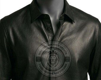 May include: Black leather shirt with a collared neckline and button-down front. The shirt has a classic design and a smooth texture. The image includes a logo with the text "MASTER EMPOWER SPORTS" and "TOGETHER WE ARE STRONG".