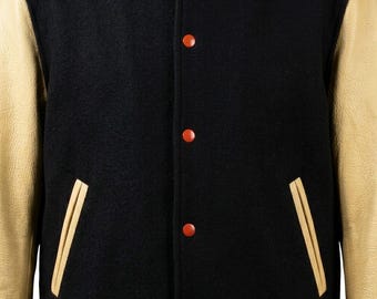 Men’s Black Wool Cowhide Varsity Jacket Cream Embroidered Letterman Leather Sleeves