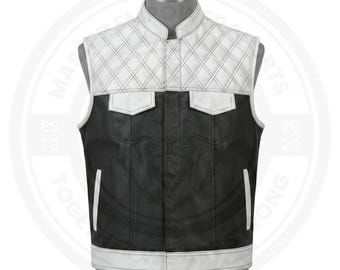 Men's Real Full Grain Leather Motorcycle Vest Diamond Quilted Hunt Club Biker Waistcoat