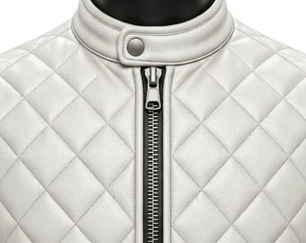 May include: A white quilted jacket featuring a diamond-patterned texture, a high collar with a single snap button closure, and a central black zipper. The garment is displayed on a black mannequin torso, highlighting the stitching details.