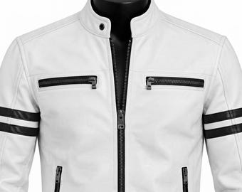 May include: A white jacket featuring a stand-up collar with a snap button, a central black zipper, and two horizontal black zippered chest pockets. Two black stripes wrap around each sleeve, and two vertical black zippered pockets are at the waist.