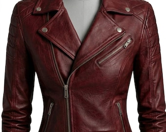 Women Burgundy Genuine Leather Biker Jacket Slim Fit Moto Motorcycle Riding Coat