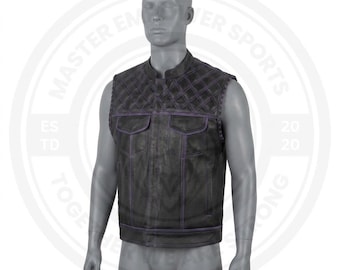 Men’s Handmade Black Denim Leather Biker Vest Motorcycle Waistcoat Rider Style