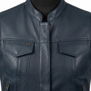 Chaleco de motociclista de cuero azul marino para hombre, sin mangas, de primera calidad.