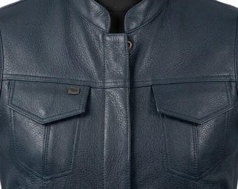 Men's Navy Blue Leather Biker Vest Premium Sleeveless Motorcycle Waistcoat