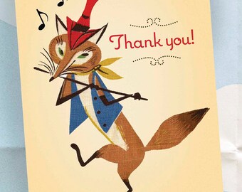 Thank You Note for Child, Red Fox on Parade, Pied Piper Fox, Childrens Stationery, Party Thank You Notes, Blank Inside / Set of 8