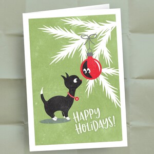 Kitty Cat Christmas Cards, Retro Christmas Kitty, Black Cat with Red Ornament, Happy Holidays / Set of 10 Holiday Cards image 3