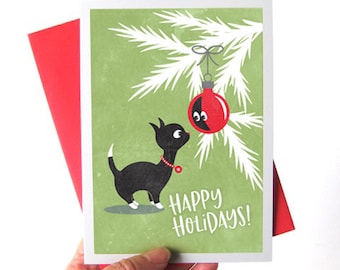 Kitty Cat Christmas Cards, Retro Christmas Kitty, Black Cat with Red Ornament, Happy Holidays / Set of 10 Holiday Cards