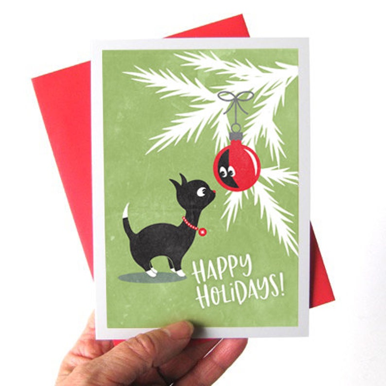 Kitty Cat Christmas Cards, Retro Christmas Kitty, Black Cat with Red Ornament, Happy Holidays / Set of 10 Holiday Cards image 1