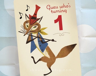 Baby's First Birthday Party Invitation, FOX with Flute on Parade, Circus Animals Vintage Barkcloth Design, Ready to Ship