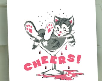 CHEERS Holiday Cards, Cat New Years Cards, Tipsy Kitty Cat Vintage Illustration, Blank Inside, Pink and Gray / Set of 10