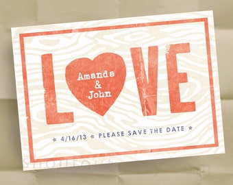 Custom LOVE Save the Date Invitations, Red Heart,  Personalized Woodgrain Wedding Announcements, Rustic Wedding, Western,  100 Postcards