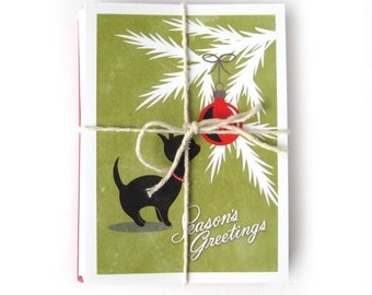 Unique Vintage Style Christmas Cards, Retro Christmas Kitty, Black Cat with Red Ornament, Seasons Greetings / Set of 10 Holiday Cards