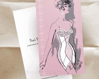 Personalized Business Cards, Vintage Lingerie Fashion Illustration, Corset, Pin Up Sixties Style, Pink Stationery / 100 Custom Cards