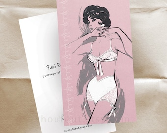 Business Cards, Vintage Lingerie, Sixties Fashion Illustration, Pink Business Cards, 100 Custom Cards, Fashion Industry Shop Cards