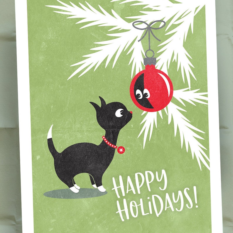 Kitty Cat Christmas Cards, Retro Christmas Kitty, Black Cat with Red Ornament, Happy Holidays / Set of 10 Holiday Cards image 4