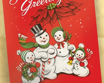 Retro Style Personalized Christmas Postcards with Snowman Family, Custom Holiday Cards / 100 Cards with Envelopes