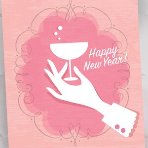Cartes rétro du Nouvel An, Cartes de Vacances Champagne Toast, Illustration de Mode Champagne Rose « Bon Champagne » / Set de 10