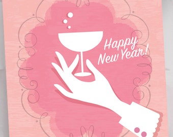 Retro New Years Cards, Champagne Toast Holiday Cards, Pink Champagne Fashion Illustration "Good Champagne" / Set of 10