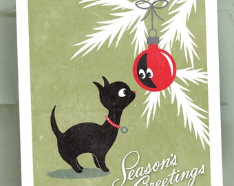 Unique Vintage Style Christmas Cards, Retro Christmas Kitty, Black Cat with Red Ornament, Seasons Greetings / Set of 10 Holiday Cards