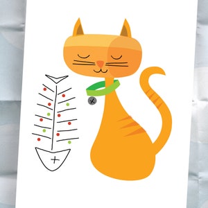 Christmas Kitty Cat Holiday Cards, Cat Lover Cards, Cat with Fishbone Tree, Tidings of Joy, Christmas Card Set / 20 Cards and Envelopes