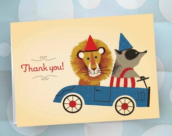 Thank You Notes, Set of 12 Blank Notecards, Lion and Badger in GO CART, Children's Stationery Note Cards, Party Supplies, Ready to Ship