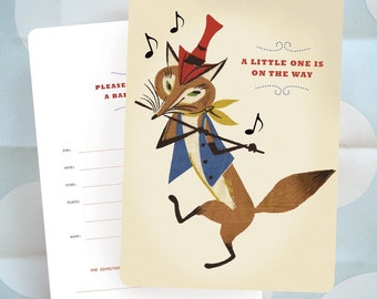 Red Fox Baby Shower Invitation, FOX with Flute on Parade, Vintage Barkcloth Design, Baby on the Way, Ready to Ship