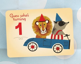 First Birthday Party Invitation - Lion and Badger in GO Cart - Vintage Style - Set of 15 Cards and Envelopes