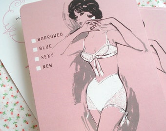 Lingerie Bridal Shower Invitation, Pretty in Pink, 1960s Vintage Fashion Illustration, Pin Up Style, Set of 25