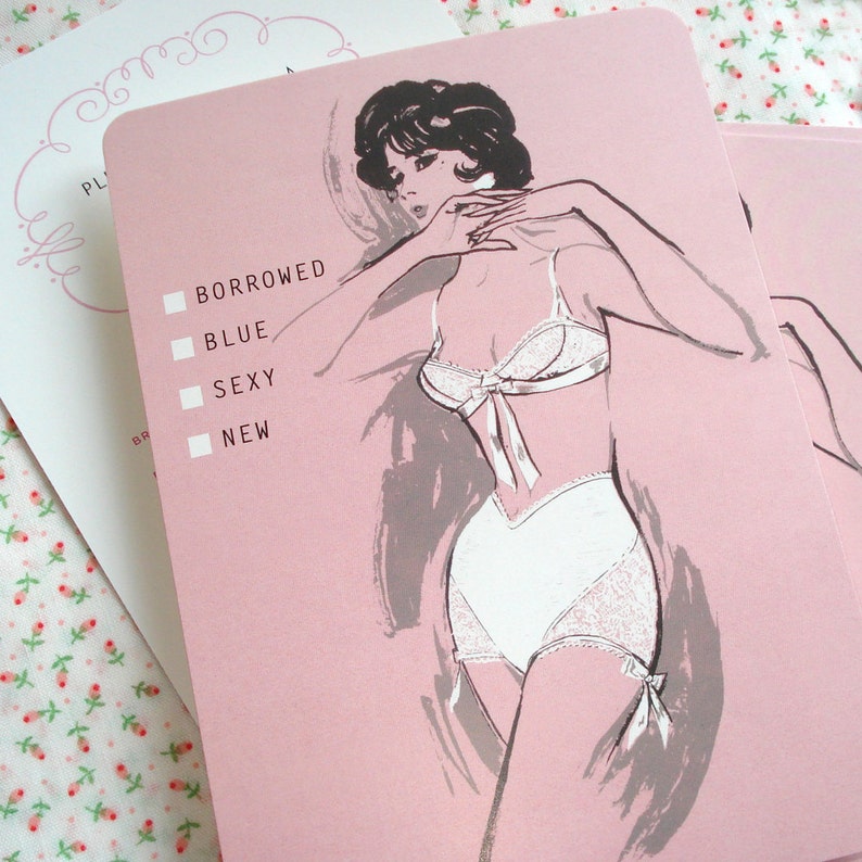 Lingerie Bridal Shower Invitation, Pretty in Pink, 1960s Vintage Fashion Illustration, Pin Up Style, Set of 25 image 1
