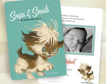 Custom Birth Announcements - Vintage Puppy Dog - Paint by Number - Baby Boy Blue - 100 Announcements