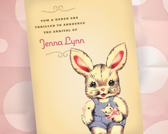 Custom Birth Announcements, Vintage Bunny, New Baby Card, Baby Girl Pink, Personalized Baby Announcements, 100 Cards