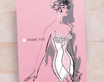 Lingerie Thank You Notes, 60s Vintage Lingerie Fashion Illustration, Pin Up Style, Bridal Shower Thank You Notes / Set of 12