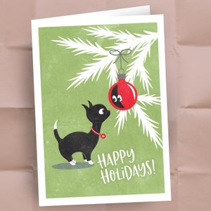 Kitty Cat Christmas Cards, Retro Christmas Kitty, Black Cat with Red Ornament, Happy Holidays / Set of 10 Holiday Cards image 2