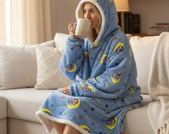 Sudadera con capucha y manta usable de unicornio azul extragrande personalizada – Sherpa Fleece Snugggie