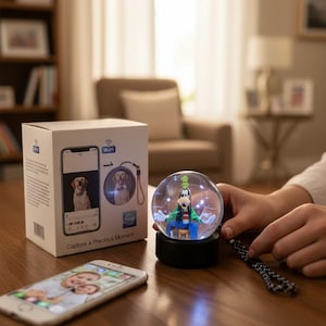 May include: A snow globe featuring Goofy with a black base and a clear glass dome. The globe is lit with small lights. A box with a phone image and the text "Capture a Precious Moment" is next to the globe.