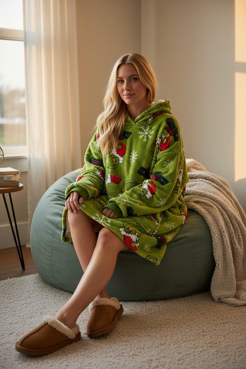 Puede incluir: Una manta con capucha verde con un dise&ntilde;o del Grinch, con el Grinch y copos de nieve. La persona lleva zapatillas marrones y est&aacute; sentada en un puf verde.