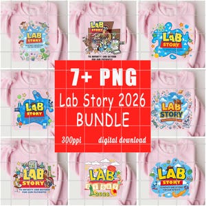 Op de afbeelding: Een verzameling roze sweatshirts met de tekst "Lab Story" en verschillende cartoonafbeeldingen. De ontwerpen omvatten laboratoriumapparatuur, personages en de zin "To infinity and beyond for our patients!" Een rood vierkant in het midden leest "7+ PNG Lab Story 2026 BUNDLE".