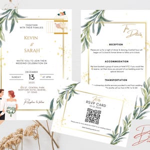 Minimalist Wedding Invitation Template Set, Editable Canva Suite with RSVP QR Code(Digital Download)