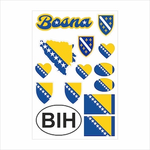 Może przedstawiać: Arkusz naklejek z flagą i mapą Bośni i Hercegowiny. Naklejki zawierają napis "Bosna" w niebieskiej czcionce, tarcze, serca i owalne kształty z motywem flagi. Naklejki są w odcieniach niebieskiego i żółtego.